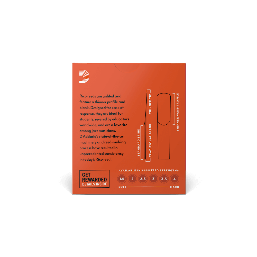 Cañas para clarinete Rico Bb, resistencia de 2.5, paquete de 10